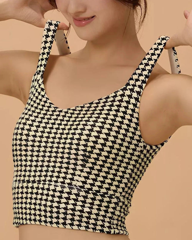 Crisscross Back Houndstooth Active Bra - Trendsi