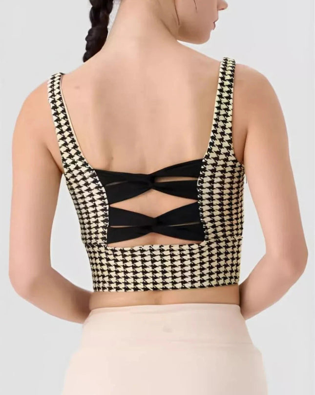 Crisscross Back Houndstooth Active Bra - Trendsi