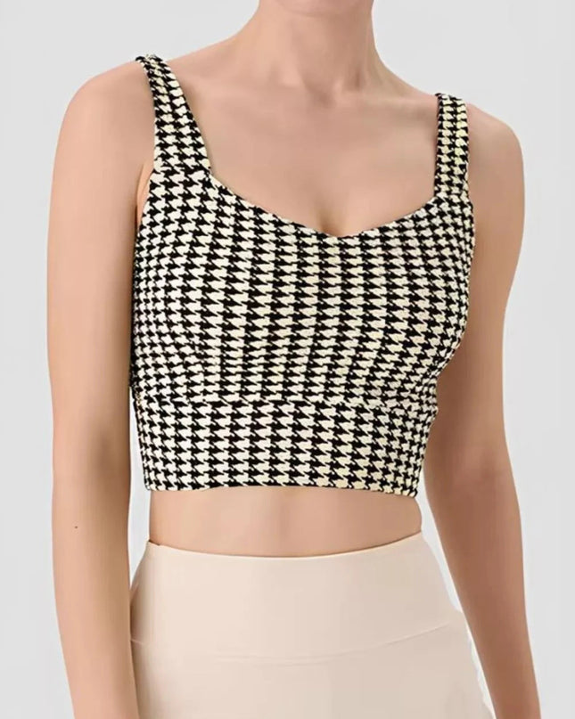 Crisscross Back Houndstooth Active Bra - Trendsi