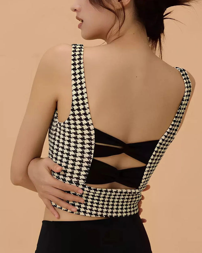 Crisscross Back Houndstooth Active Bra - Trendsi