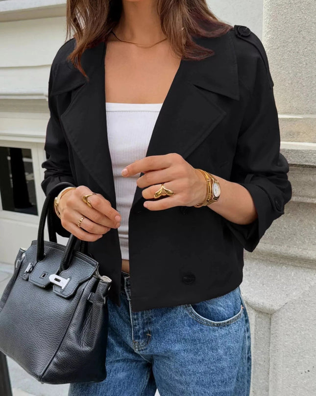 Cropped Double - Breasted Raglan Sleeve Jacket - Trendsi