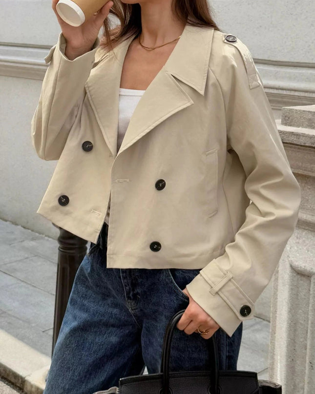 Cropped Double - Breasted Raglan Sleeve Jacket - Trendsi