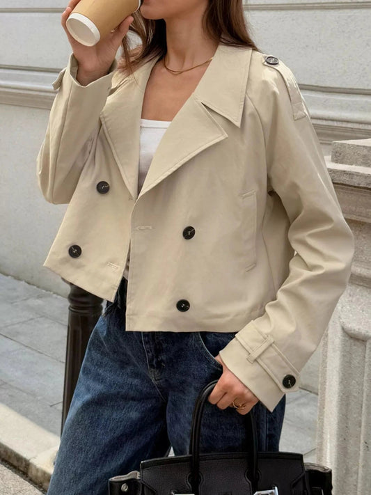 Cropped Double - Breasted Raglan Sleeve Jacket - Trendsi