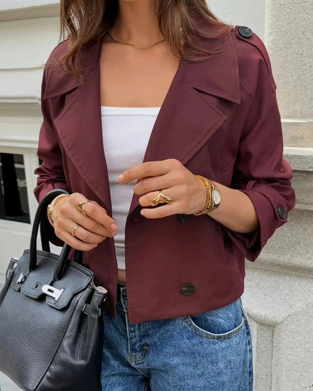 Cropped Double - Breasted Raglan Sleeve Jacket - Trendsi