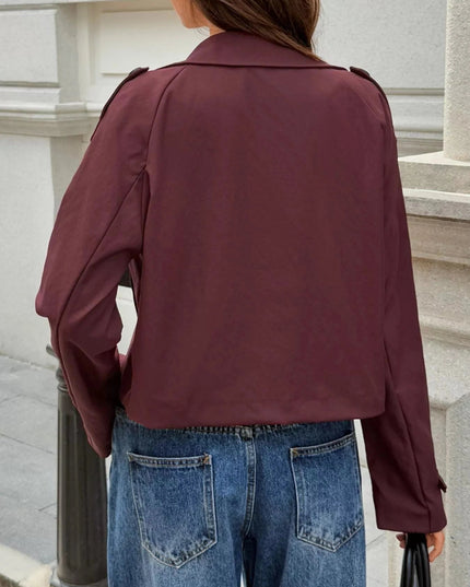 Cropped Double - Breasted Raglan Sleeve Jacket - Trendsi