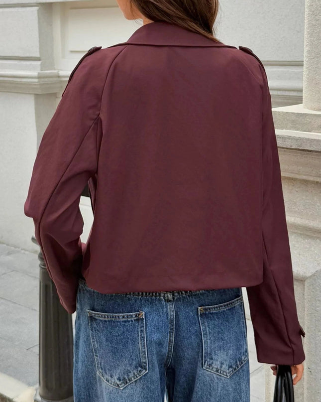 Cropped Double - Breasted Raglan Sleeve Jacket - Trendsi