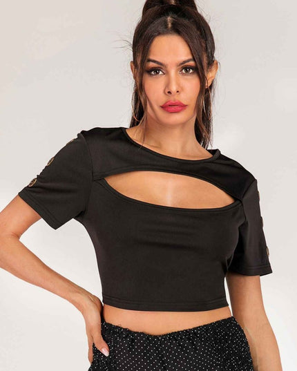 Cutout Grommet Detail Cropped Tee - Trendsi