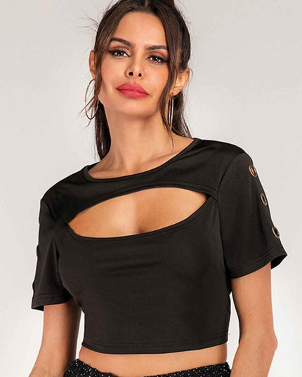 Cutout Grommet Detail Cropped Tee - Trendsi