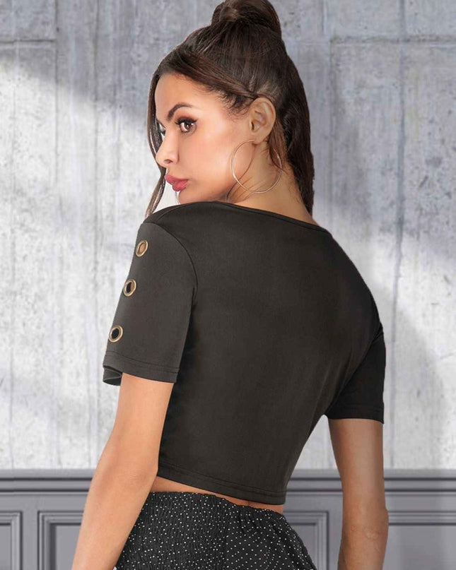 Cutout Grommet Detail Cropped Tee - Trendsi