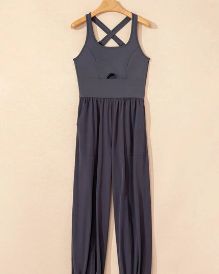 Cutout Square Neck Wide Strap Active Jumpsuit - Trendsi