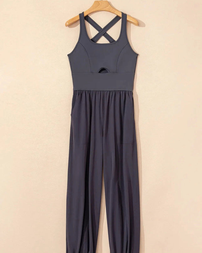 Cutout Square Neck Wide Strap Active Jumpsuit - Trendsi