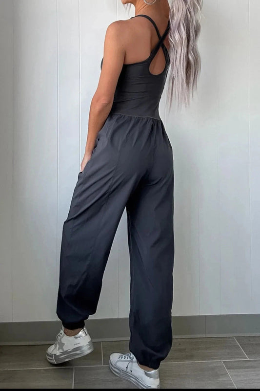 Cutout Square Neck Wide Strap Active Jumpsuit - Trendsi