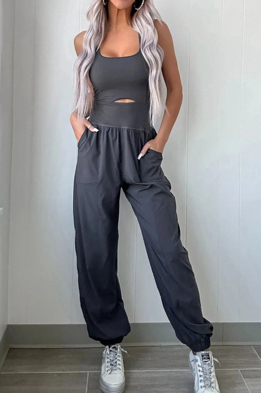 Cutout Square Neck Wide Strap Active Jumpsuit - Trendsi