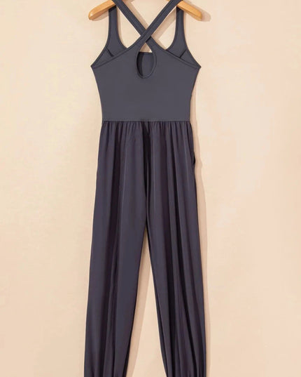 Cutout Square Neck Wide Strap Active Jumpsuit - Trendsi