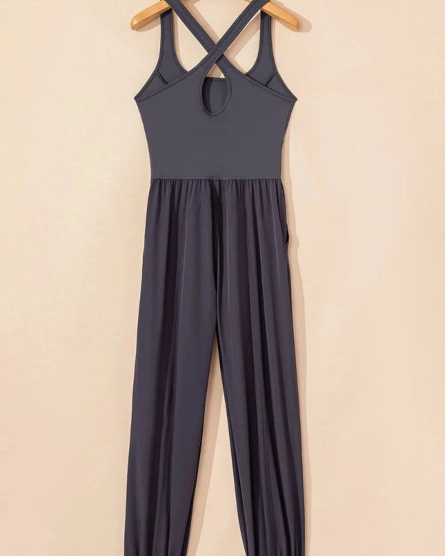 Cutout Square Neck Wide Strap Active Jumpsuit - Trendsi