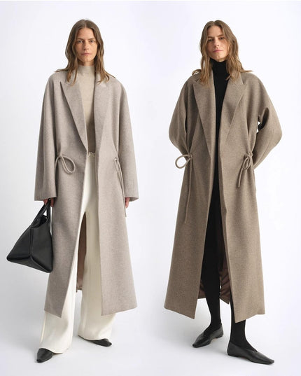 “Desert Heart” Mid - Length Wool Coat – Peaked Lapel Drawstring - Wool Coat - Firelady Fur
