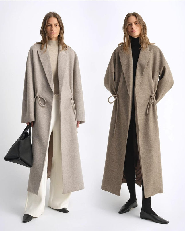 “Desert Heart” Mid - Length Wool Coat – Peaked Lapel Drawstring - Wool Coat - Firelady Fur