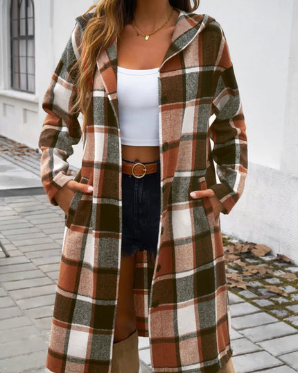 Devine Plaid Long Sleeve Hooded Coat - Trendsi
