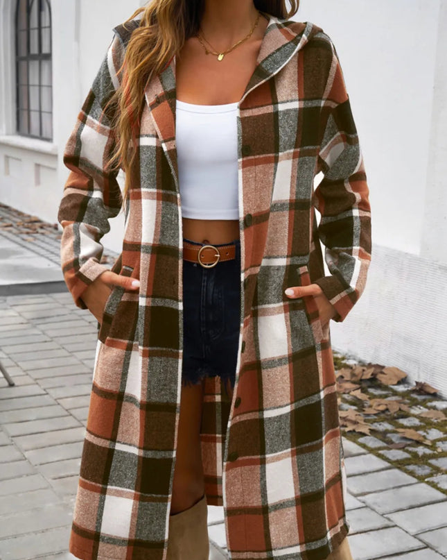 Devine Plaid Long Sleeve Hooded Coat - Trendsi