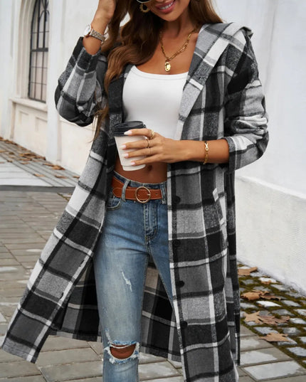 Devine Plaid Long Sleeve Hooded Coat - Trendsi