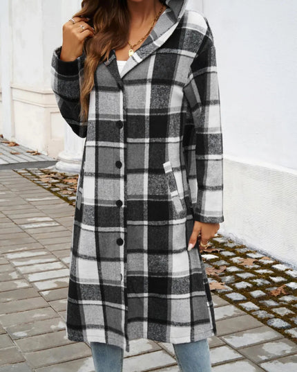 Devine Plaid Long Sleeve Hooded Coat - Trendsi
