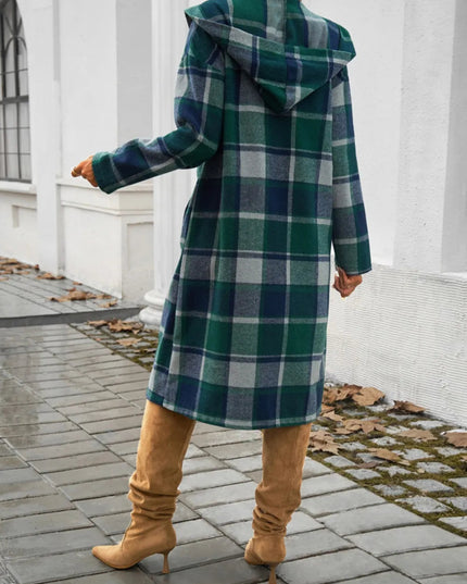 Devine Plaid Long Sleeve Hooded Coat - Trendsi
