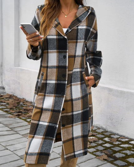 Devine Plaid Long Sleeve Hooded Coat - Trendsi