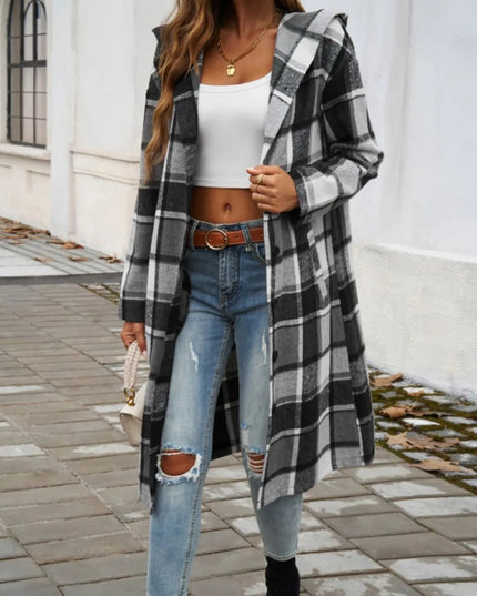 Devine Plaid Long Sleeve Hooded Coat - Trendsi