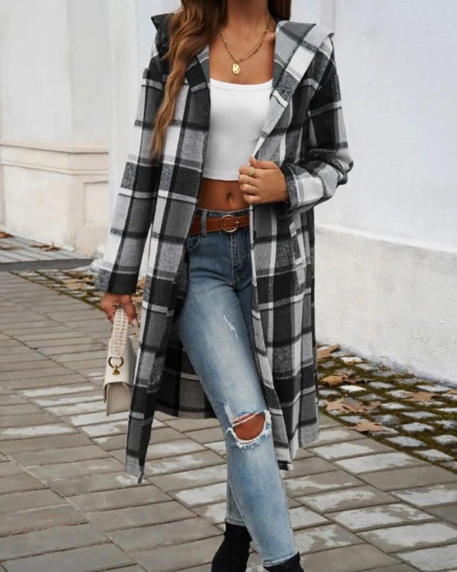 Devine Plaid Long Sleeve Hooded Coat - Trendsi