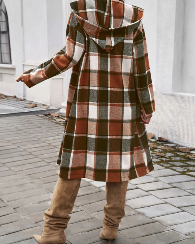 Devine Plaid Long Sleeve Hooded Coat - Trendsi