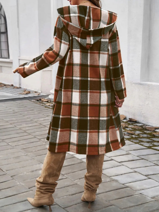 Devine Plaid Long Sleeve Hooded Coat - Trendsi