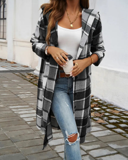 Devine Plaid Long Sleeve Hooded Coat - Trendsi