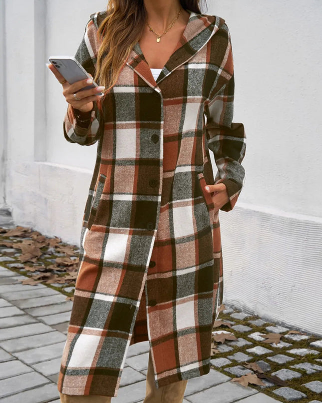 Devine Plaid Long Sleeve Hooded Coat - Trendsi