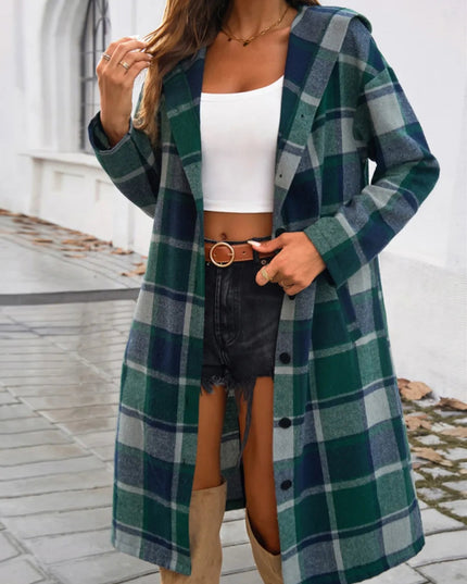 Devine Plaid Long Sleeve Hooded Coat - Trendsi
