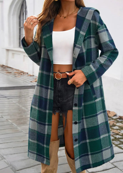 Devine Plaid Long Sleeve Hooded Coat - Trendsi