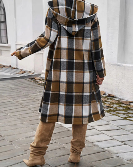 Devine Plaid Long Sleeve Hooded Coat - Trendsi