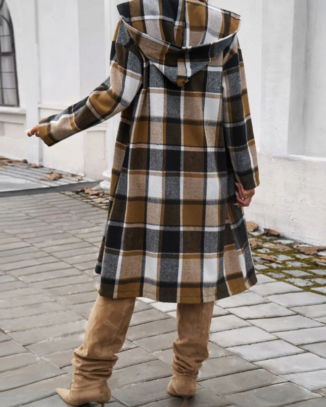 Devine Plaid Long Sleeve Hooded Coat - Trendsi
