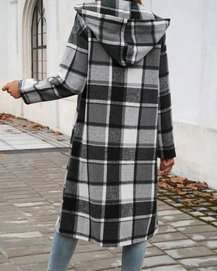 Devine Plaid Long Sleeve Hooded Coat - Trendsi