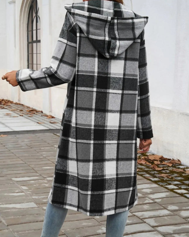 Devine Plaid Long Sleeve Hooded Coat - Trendsi