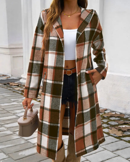 Devine Plaid Long Sleeve Hooded Coat - Trendsi