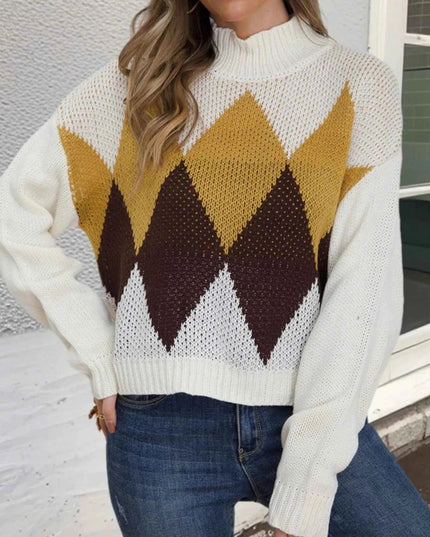 Diamond Pattern Turtleneck Sweater - Trendsi