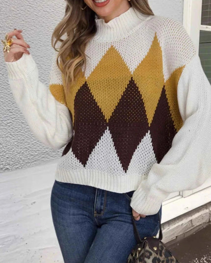 Diamond Pattern Turtleneck Sweater - Trendsi