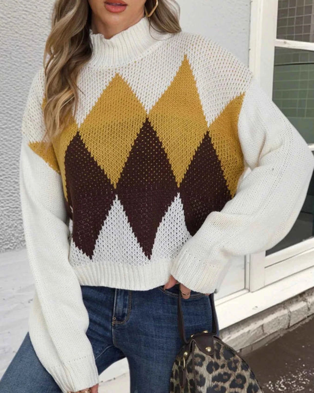 Diamond Pattern Turtleneck Sweater - Trendsi