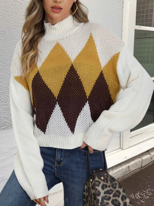 Diamond Pattern Turtleneck Sweater - Trendsi