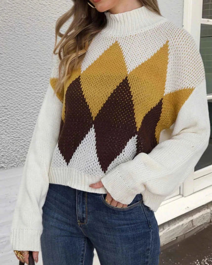 Diamond Pattern Turtleneck Sweater - Trendsi