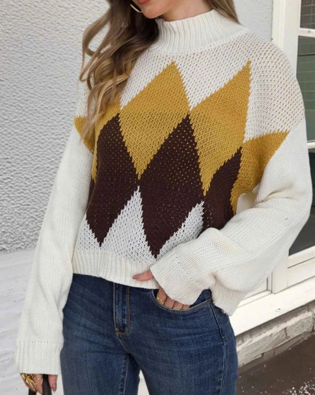 Diamond Pattern Turtleneck Sweater - Trendsi