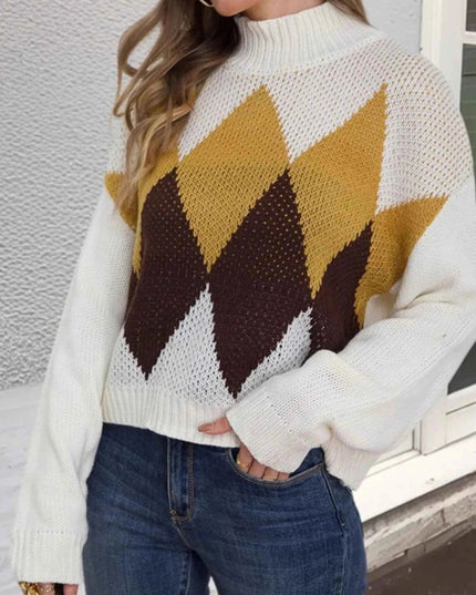 Diamond Pattern Turtleneck Sweater - Trendsi