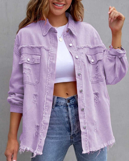 Distressed Drop Shoulder Denim Jacket - Trendsi