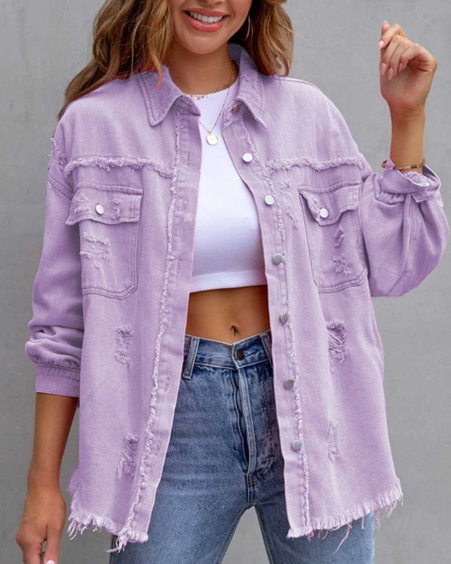 Distressed Drop Shoulder Denim Jacket - Trendsi