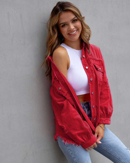 Distressed Drop Shoulder Denim Jacket - Trendsi